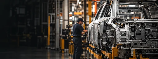 Illustrative automotive assembly line showing unfinished vehicle frames